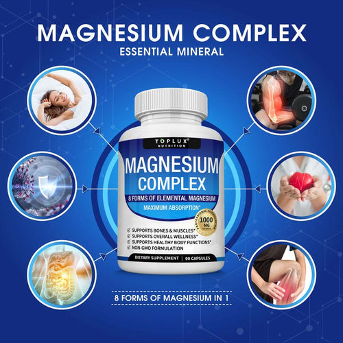 Magnesium Complex Supplement 8 Elemental Magnesium 1000mg - Magnesium Glycinate, Citrate, Malate, Taurate, Chelated for Easy Abs